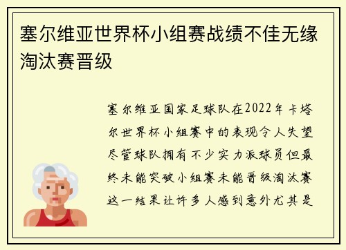 塞尔维亚世界杯小组赛战绩不佳无缘淘汰赛晋级