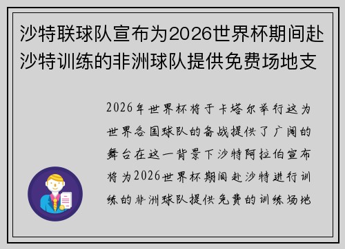 沙特联球队宣布为2026世界杯期间赴沙特训练的非洲球队提供免费场地支持 沙特联球队宣布为2026世界杯期间赴沙特训练的非洲球队提供免费场地支持